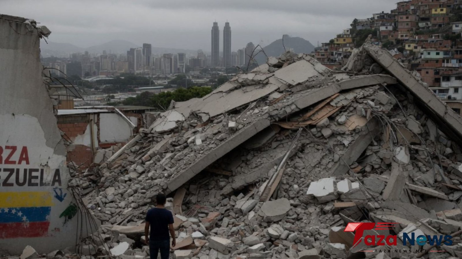 A man in a dark t-shirt stands with his back to the camera amid extensive rubble and collapsed concrete buildings after a major earthquake in Venezuela. In the background, a dense cityscape with skyscrapers and hillside housing is visible under an overcast sky. A partially destroyed wall on the left shows part of the Venezuelan flag.